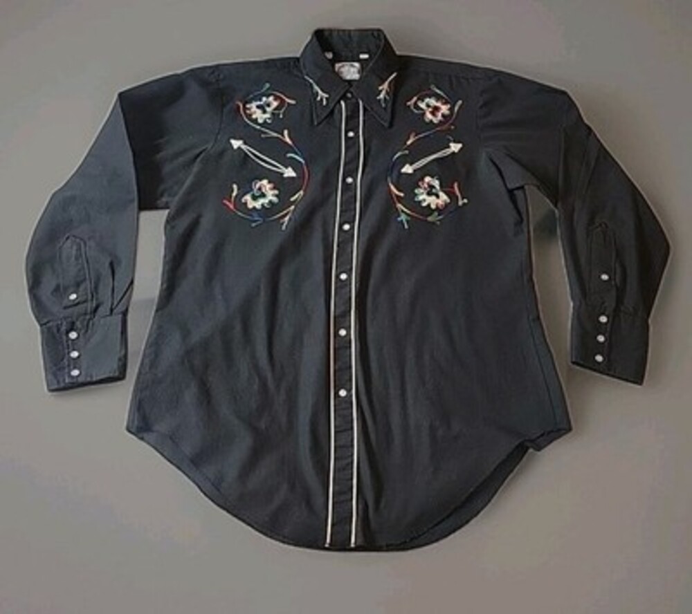 Vintage Miller Western Wear Denver Black Floral Pearl Snap Rodeo Shirt 16.5 34